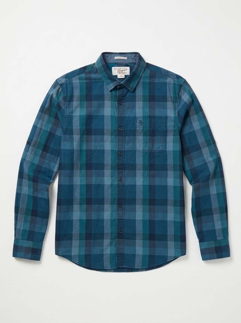 Original Penguin Shirt Men Large Heritage Slim Fit Blue Plaid Long Sleeve Button